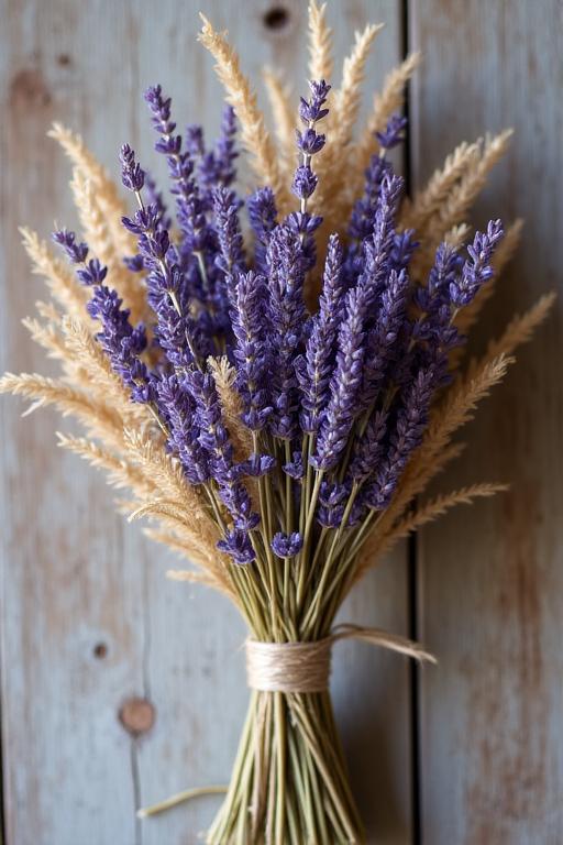 A hand-tied bunch of dried lavender and pampas grass.