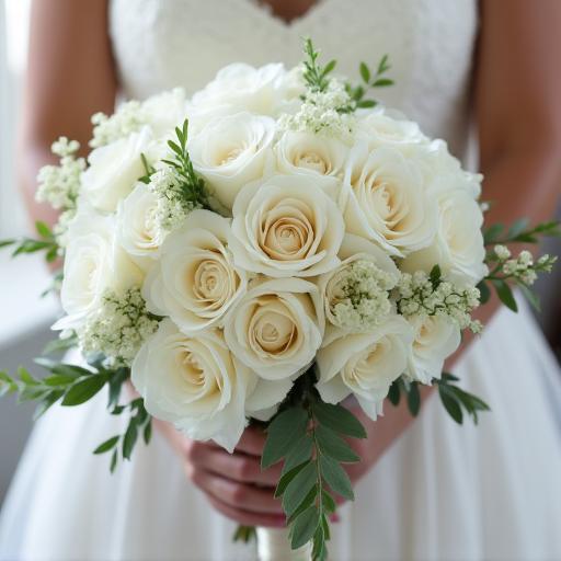 A lush white wedding bouquet.