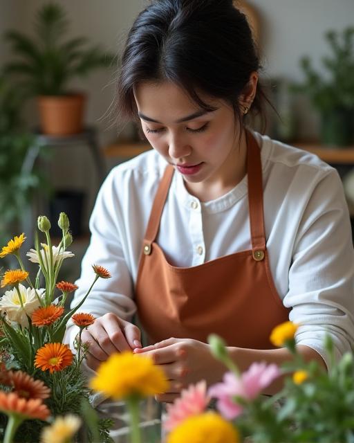Head florist of Kaze Hana arranging flowers with concentration.