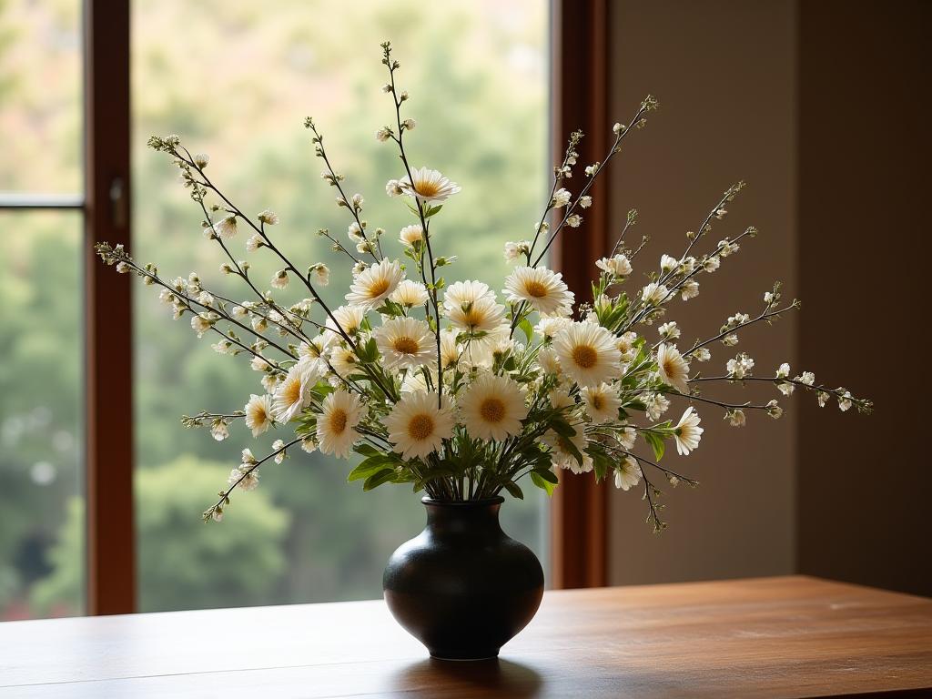 A bespoke ikebana-style floral arrangement in a minimalist vase.