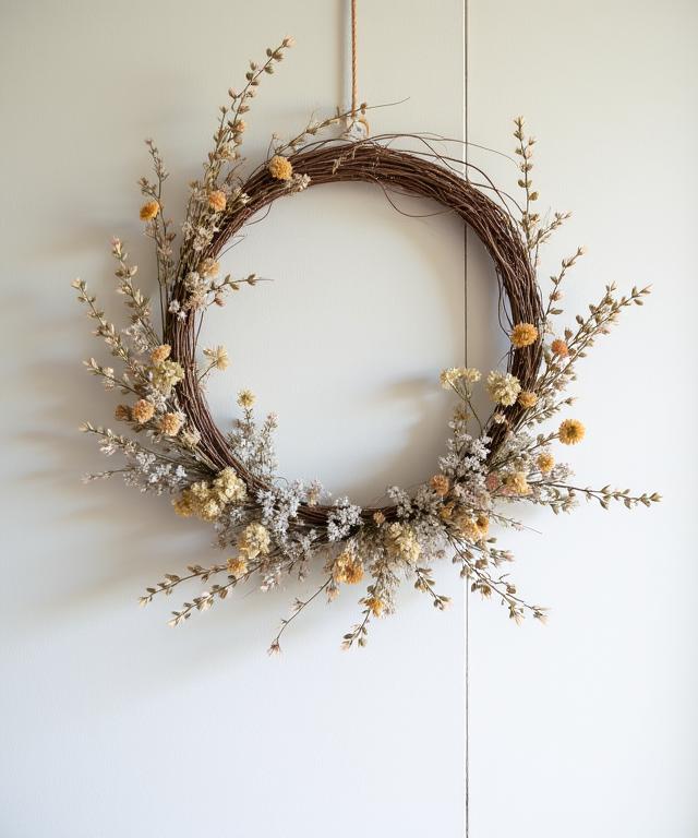 A delicate dried flower wreath hanging on a wall.
