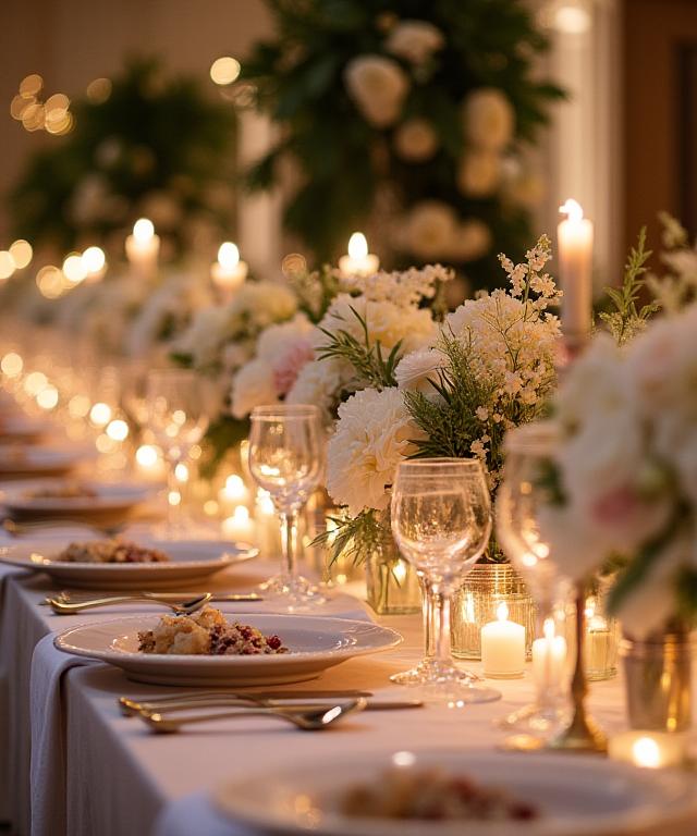 Elegant floral decoration for a wedding reception.
