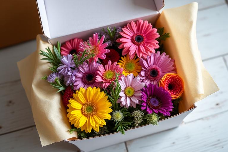 A beautiful box of fresh flowers ready for subscription delivery.