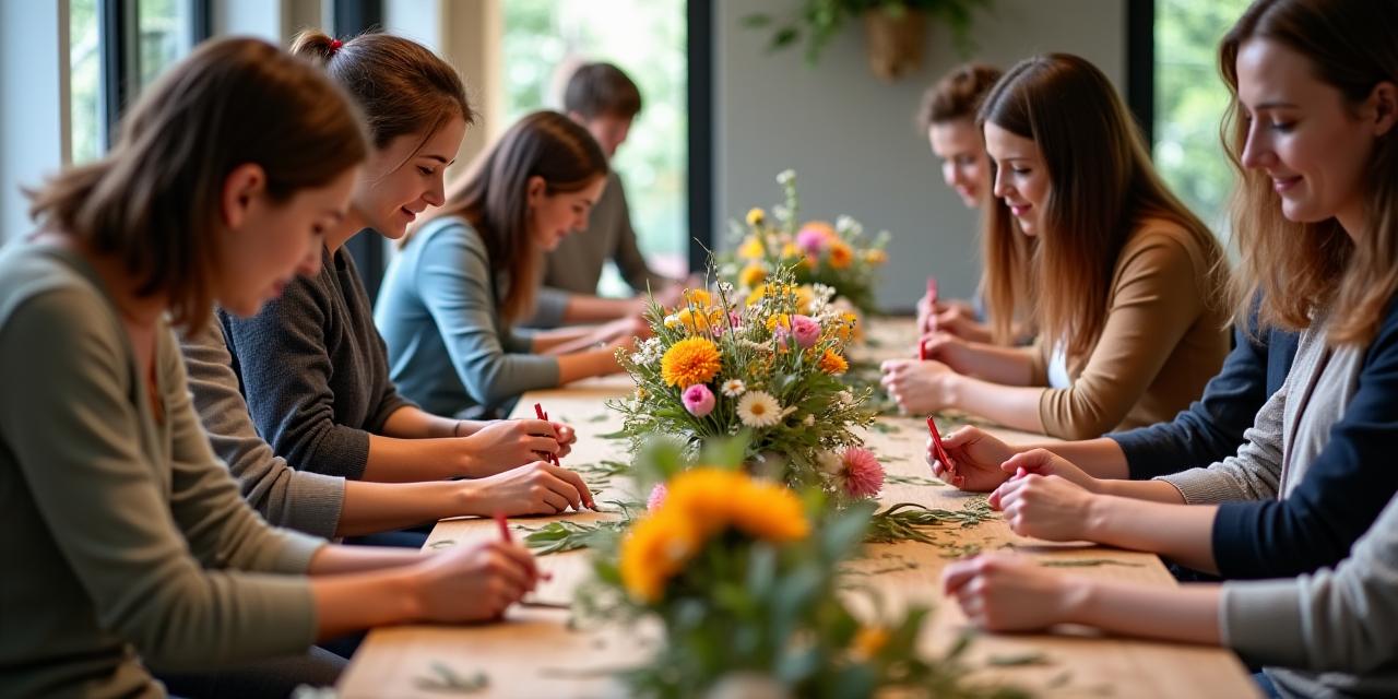 Participants creating their own floral arrangements during a Kaze Hana workshop.